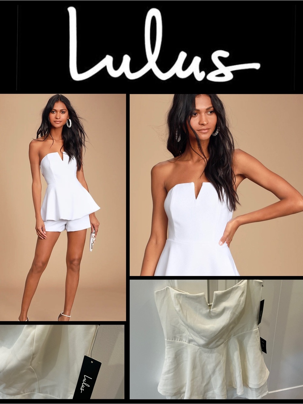 🤍 NWT Lulus White Strapless Peplum Romper XL 🤍